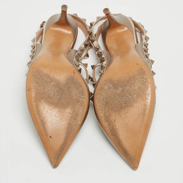 Pre Owned Valentino Metallic Gold Leather Rockstud Embellished Ankle Strap Sandals Size 39.5