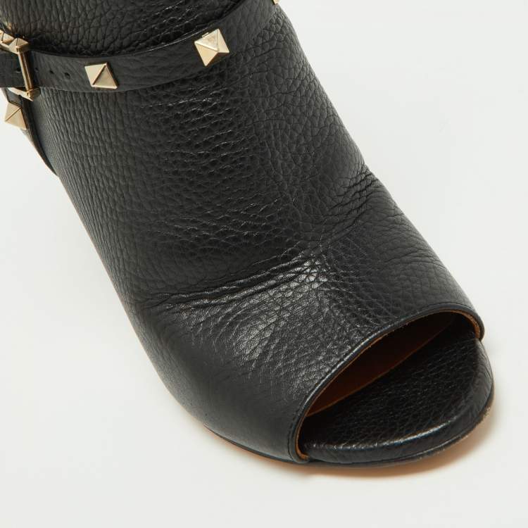 Pre Owned Valentino Black Leather Rockstud Open Toe Ankle Boots Size 38