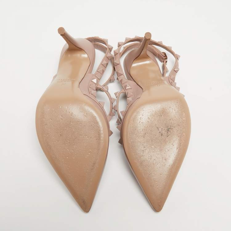 Pre Owned Valentino Beige Leather Rockstud Ankle Strap Pumps Size 37