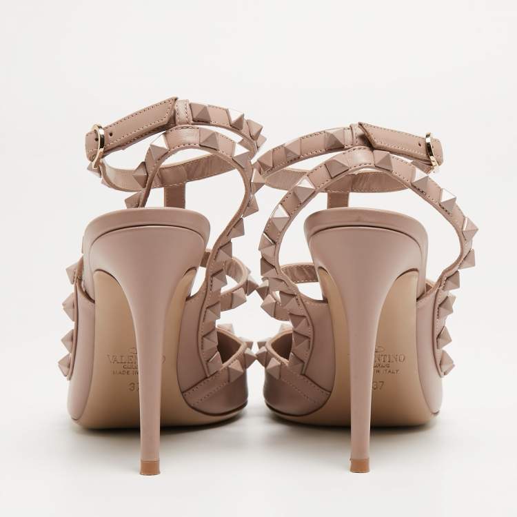 Pre Owned Valentino Beige Leather Rockstud Ankle Strap Pumps Size 37