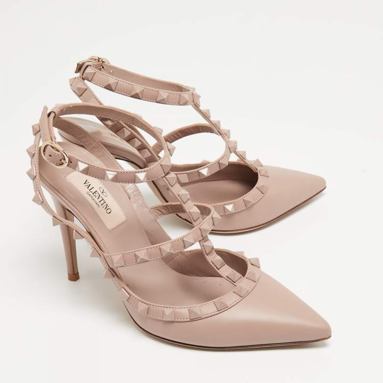 Pre Owned Valentino Beige Leather Rockstud Ankle Strap Pumps Size 37
