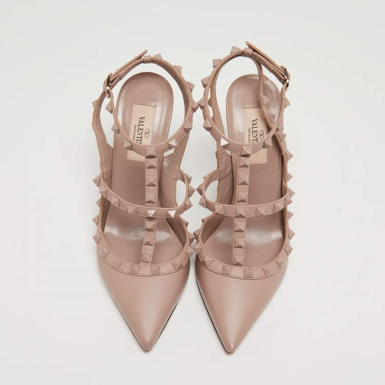 Pre Owned Valentino Beige Leather Rockstud Ankle Strap Pumps Size 37