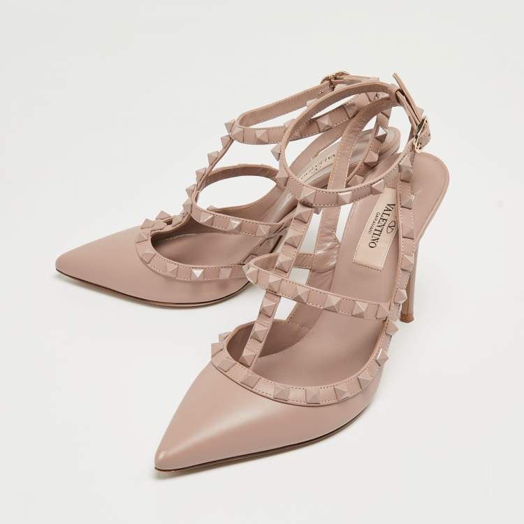 Pre Owned Valentino Beige Leather Rockstud Ankle Strap Pumps Size 37