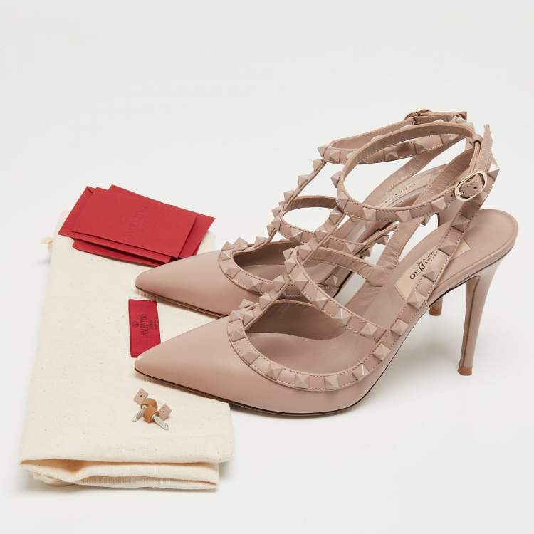 Pre Owned Valentino Beige Leather Rockstud Ankle Strap Pumps Size 37