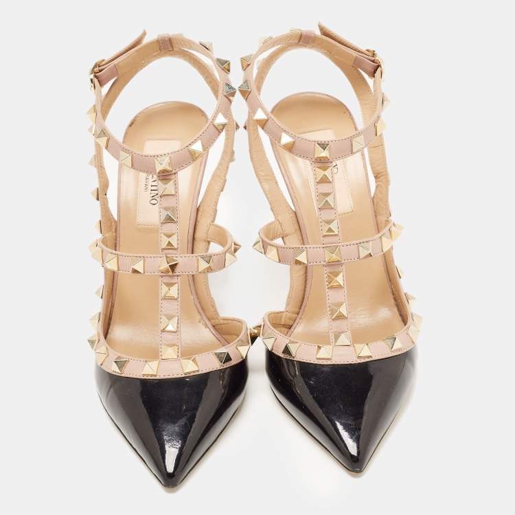 Pre Owned Valentino Black/Beige Patent Leather Rockstud Pumps Size 36