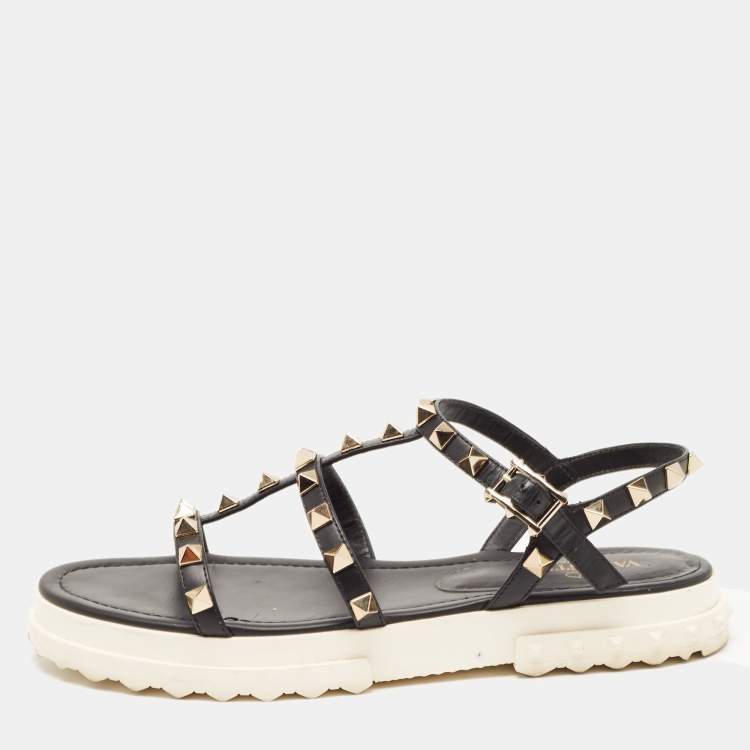 Pre Owned Valentino Black Leather Studded Accents Gladiator Sandals Size 36