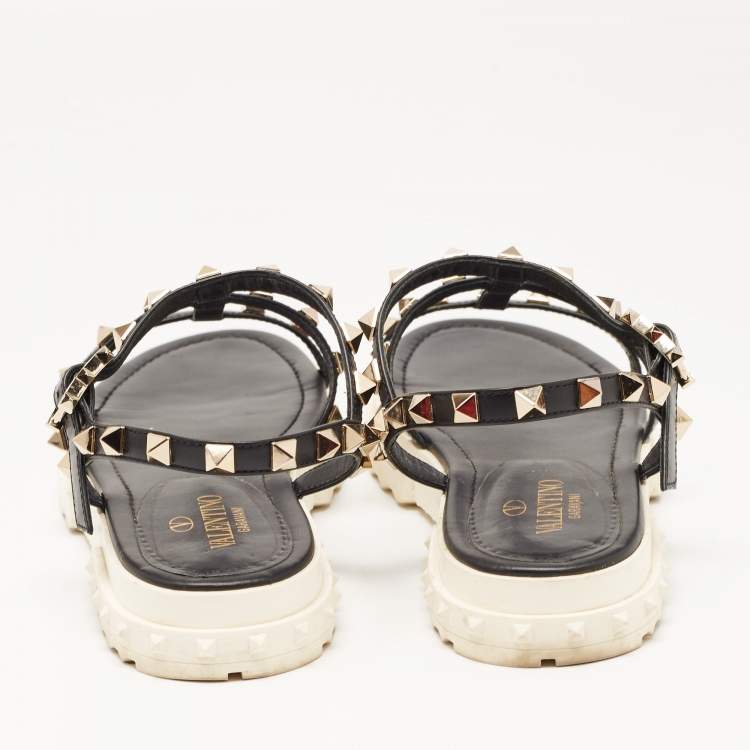 Pre Owned Valentino Black Leather Studded Accents Gladiator Sandals Size 36