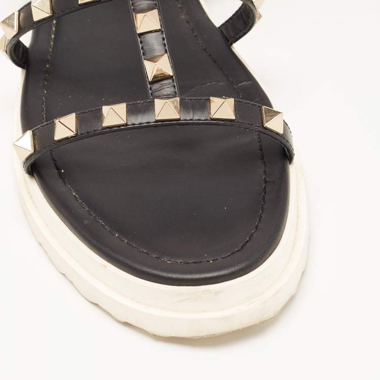 Pre Owned Valentino Black Leather Studded Accents Gladiator Sandals Size 36