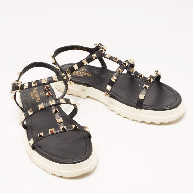 Pre Owned Valentino Black Leather Studded Accents Gladiator Sandals Size 36