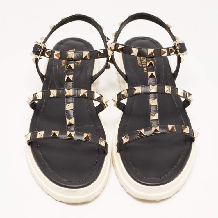 Pre Owned Valentino Black Leather Studded Accents Gladiator Sandals Size 36
