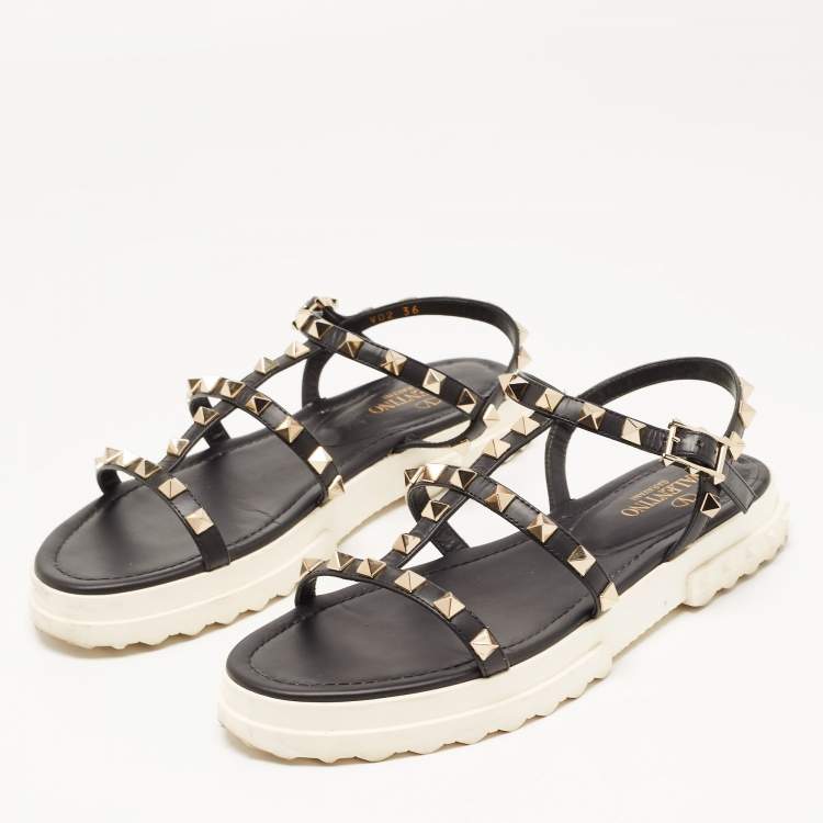 Pre Owned Valentino Black Leather Studded Accents Gladiator Sandals Size 36