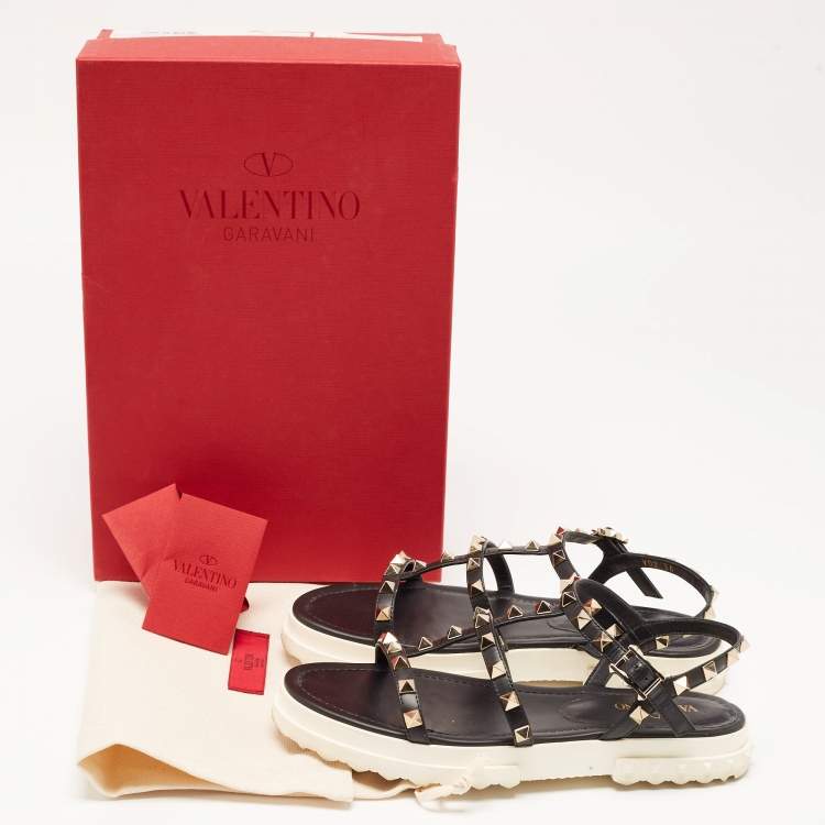 Pre Owned Valentino Black Leather Studded Accents Gladiator Sandals Size 36