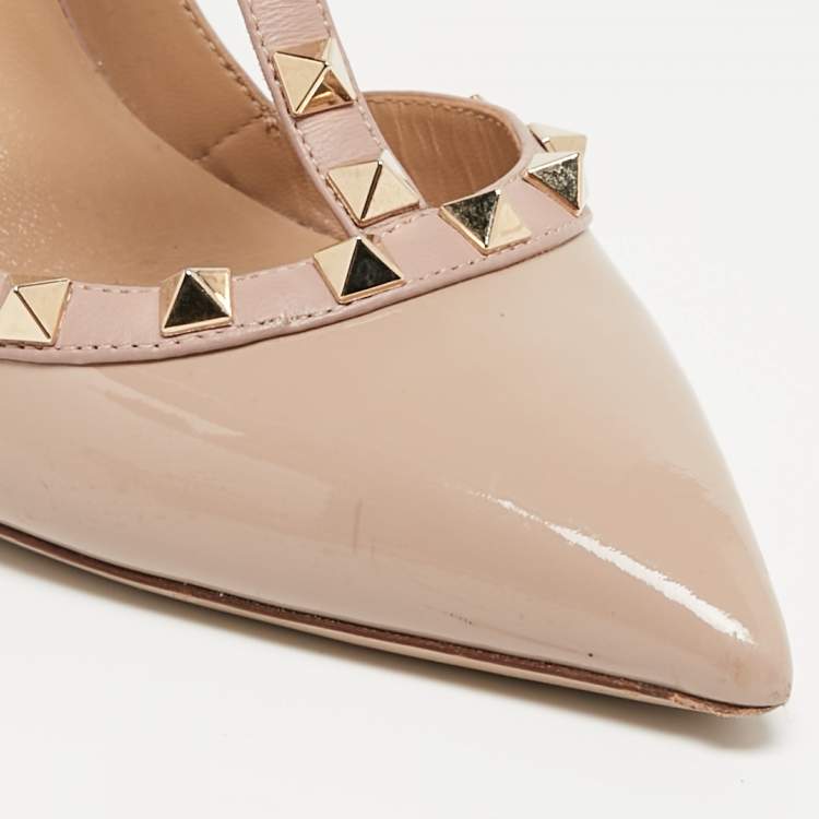Pre Owned Valentino Dusty Pink Patent Leather Rockstud Ankle Strap Pumps Size 38