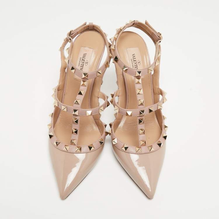 Pre Owned Valentino Dusty Pink Patent Leather Rockstud Ankle Strap Pumps Size 38