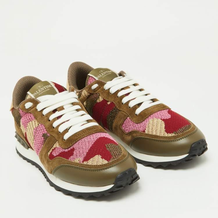 Pre Owned Valentino Multicolor Camo Print Suede,Leather and Knit Fabric Rockrunner Sneakers Size 38