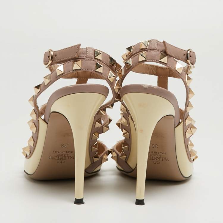 Pre Owned Valentino Cream Patent Leather Rockstud Ankle Strap Pumps Size 36