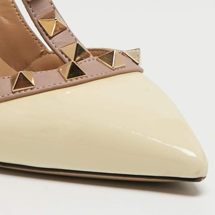 Pre Owned Valentino Cream Patent Leather Rockstud Ankle Strap Pumps Size 36