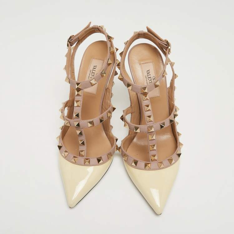 Pre Owned Valentino Cream Patent Leather Rockstud Ankle Strap Pumps Size 36