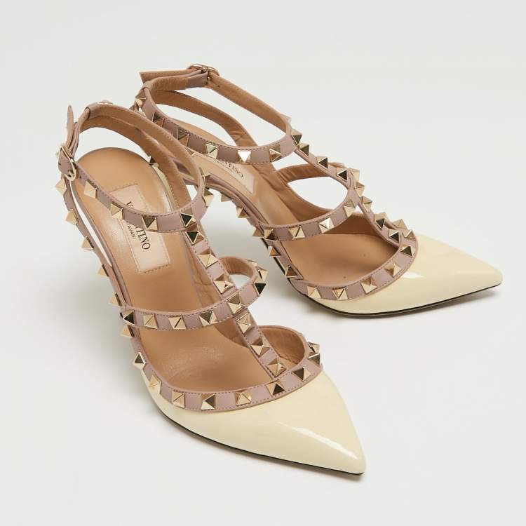 Pre Owned Valentino Cream Patent Leather Rockstud Ankle Strap Pumps Size 36