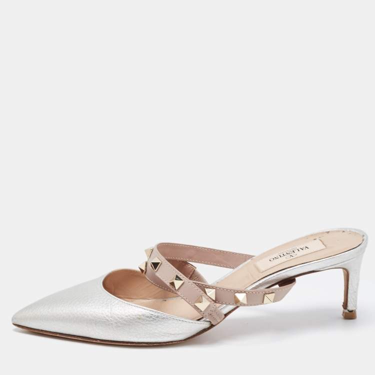Pre Owned Valentino Silver/Beige Leather Rockstud Mules Size 37 