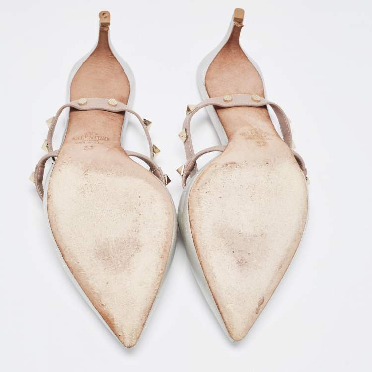 Pre Owned Valentino Silver/Beige Leather Rockstud Mules Size 37 