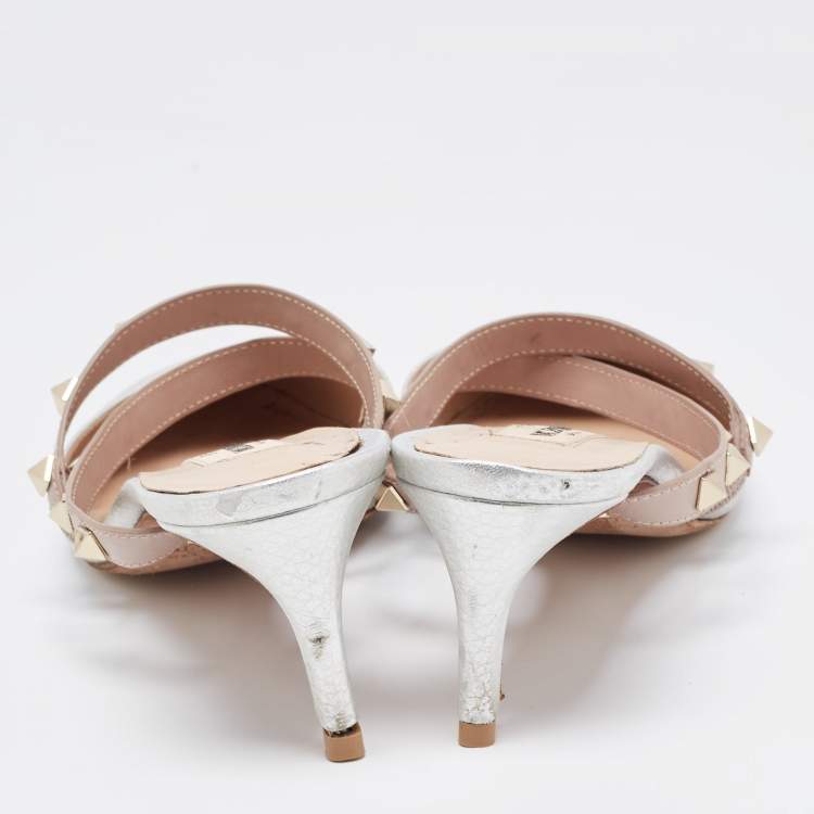 Pre Owned Valentino Silver/Beige Leather Rockstud Mules Size 37 