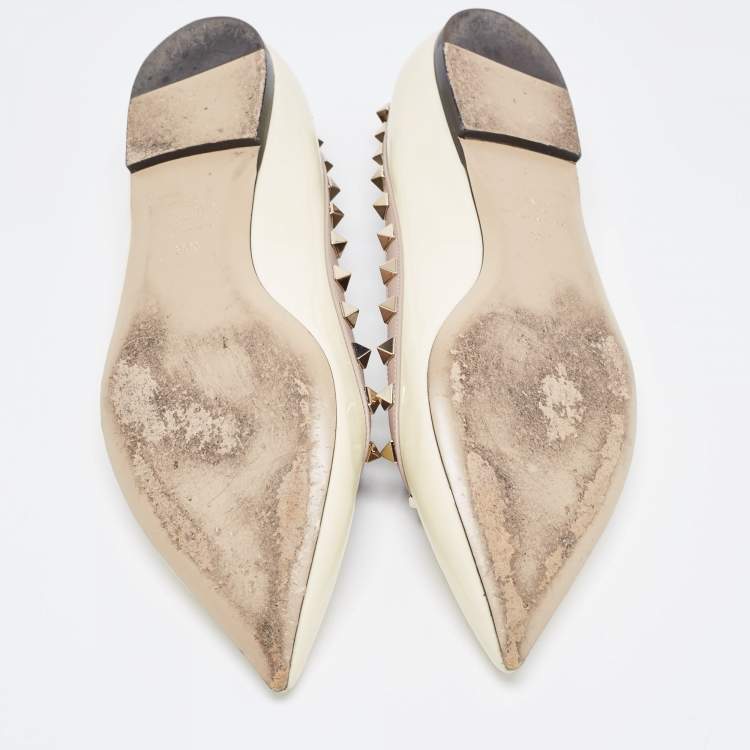 Pre Owned Valentino Cream Patent Leather Rockstud Ballet Flats Size 39.5