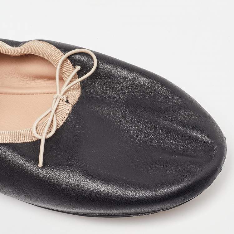 Pre Owned Valentino Black Leather Rockstud Mary Jane Bow Ballet Flats Size 38.5