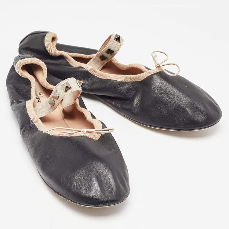 Pre Owned Valentino Black Leather Rockstud Mary Jane Bow Ballet Flats Size 38.5