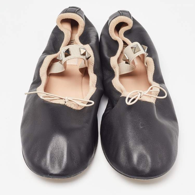 Pre Owned Valentino Black Leather Rockstud Mary Jane Bow Ballet Flats Size 38.5