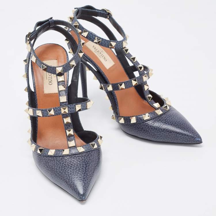 Pre Owned Valentino Two Tone Textured Leather Rockstud Ankle Strap Pumps Size 38