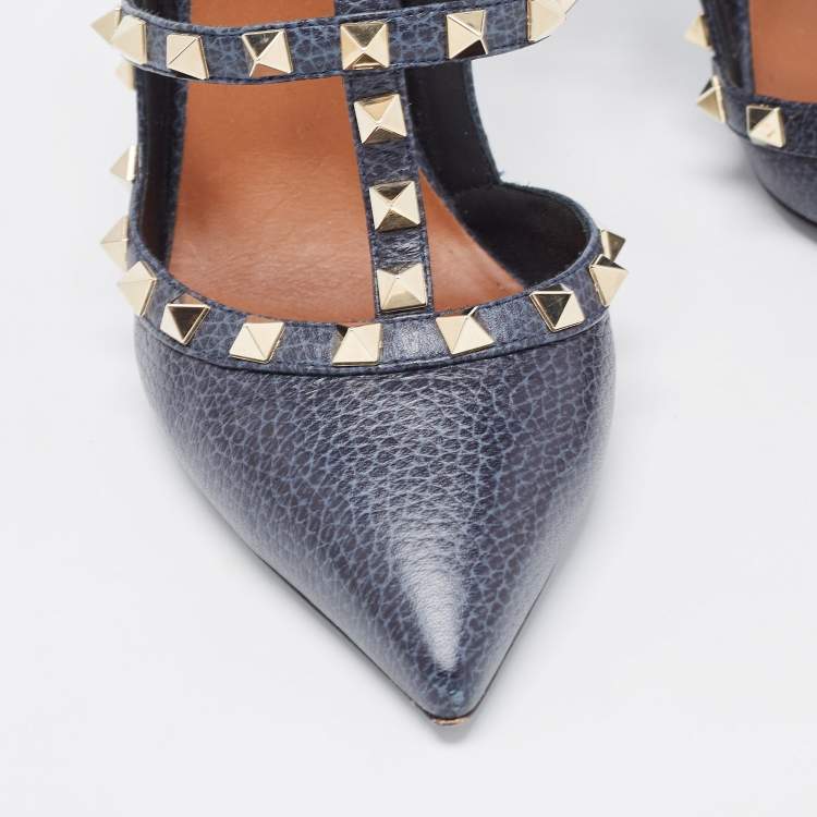 Pre Owned Valentino Two Tone Textured Leather Rockstud Ankle Strap Pumps Size 38