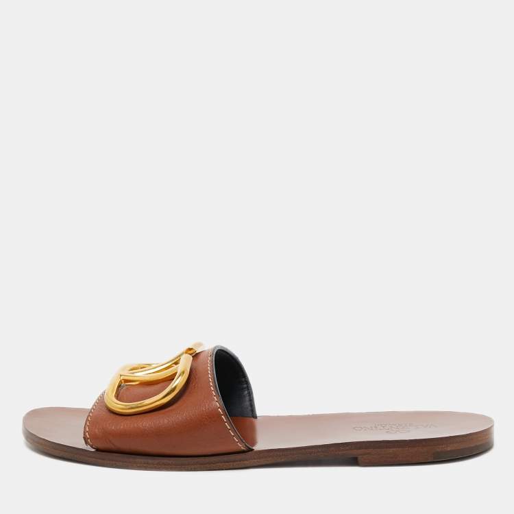 Pre Owned Valentino Brown Leather Escape VLogo Flat Slides Size 37