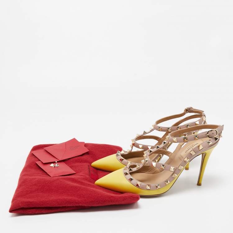 Pre Owned Valentino Yellow/Dusty Pink Leather Rockstud Ankle Strap Pumps Size 38.5
