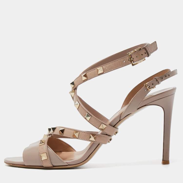 Pre Owned Valentino Dusty Pink Leather Rockstud Ankle Strap Sandals Size 39.5