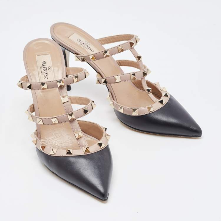 Pre Owned Valentino Black/Dusty Pink Leather Rockstud Mules Size 39