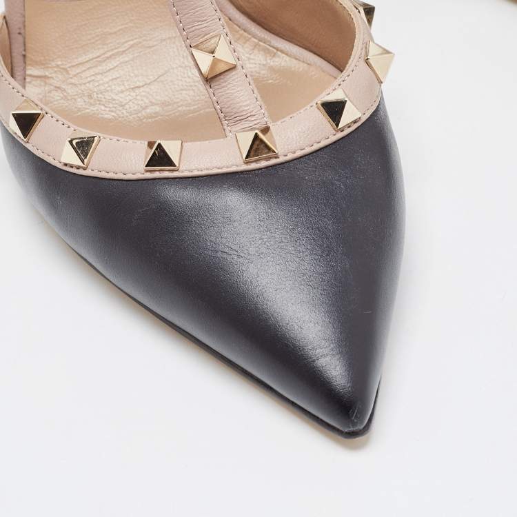 Pre Owned Valentino Black/Dusty Pink Leather Rockstud Mules Size 39