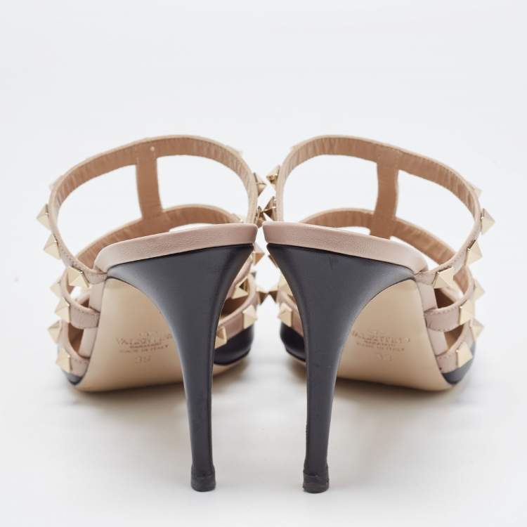 Pre Owned Valentino Black/Dusty Pink Leather Rockstud Mules Size 39