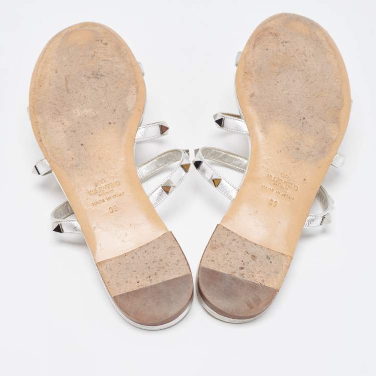 Pre Owned Valentino Silver Leather Rockstud Slide Flats Size 39
