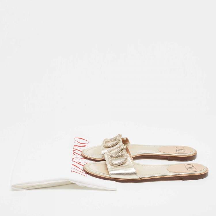 Pre Owned Valentino Gold Leather Escape V logo Flat Slides Size 38.5