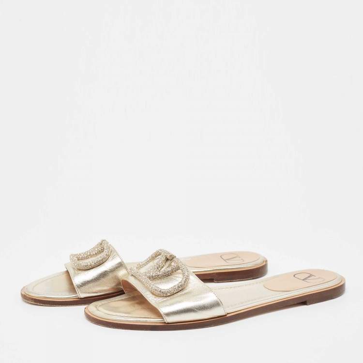 Pre Owned Valentino Gold Leather Escape V logo Flat Slides Size 38.5