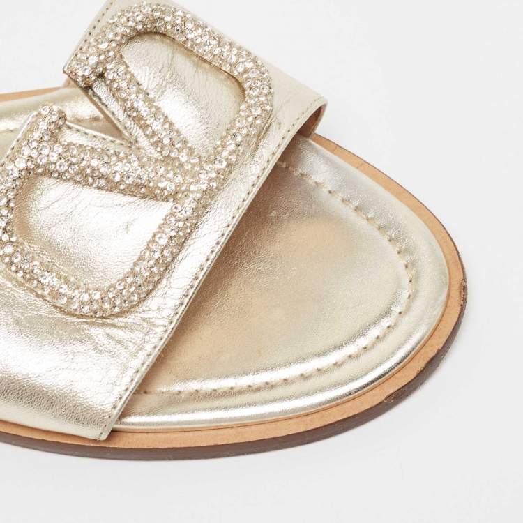 Pre Owned Valentino Gold Leather Escape V logo Flat Slides Size 38.5