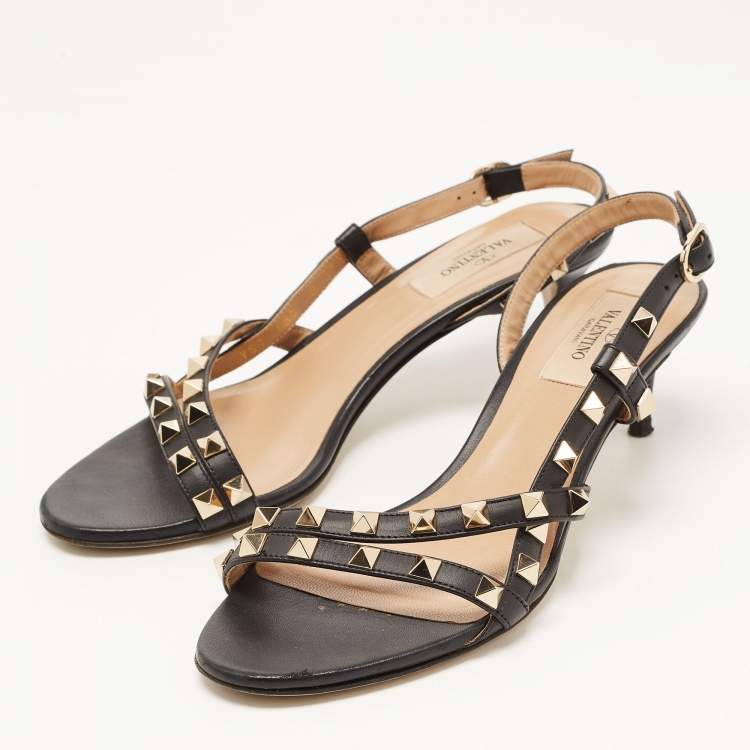 Pre Owned Valentino Black Leather Rockstud Slingback Sandals Size 36.5