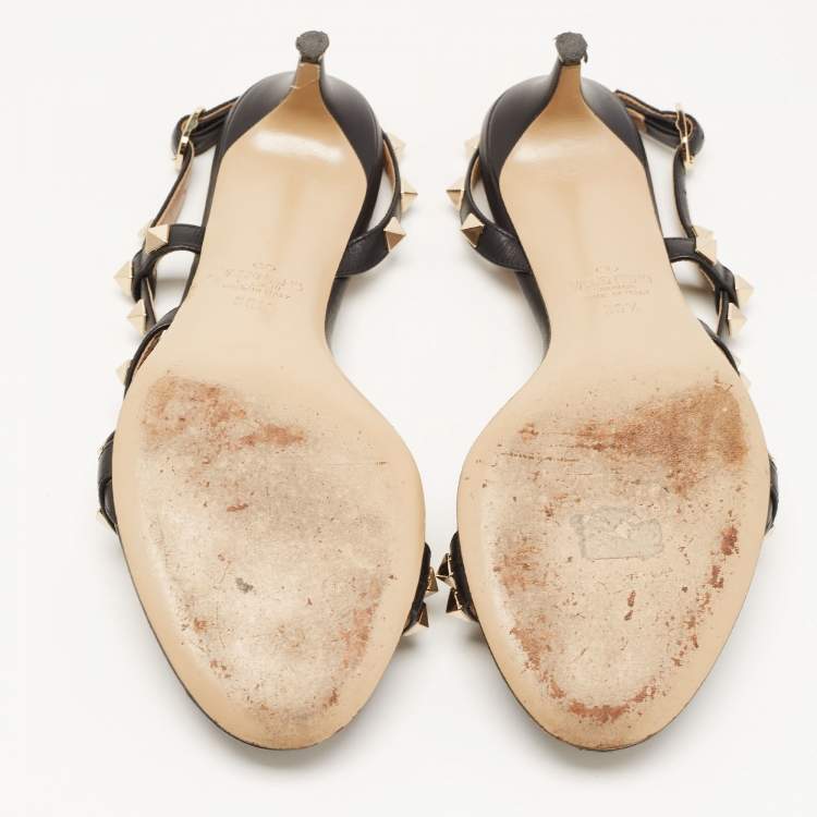 Pre Owned Valentino Black Leather Rockstud Slingback Sandals Size 36.5
