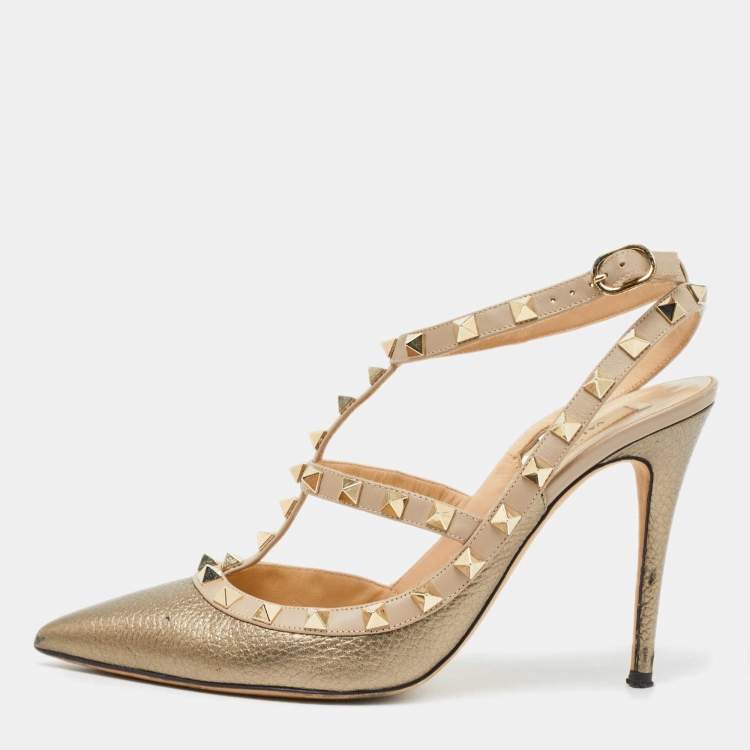 Pre Owned Valentino Metallic Bronze Leather Rockstud Ankle Strap Pumps Size 38.5