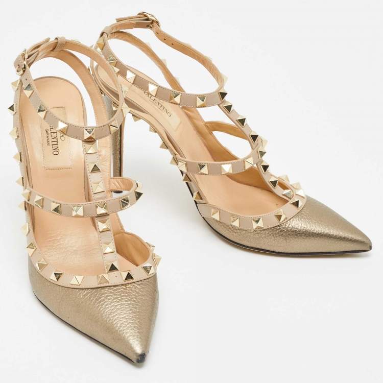 Pre Owned Valentino Metallic Bronze Leather Rockstud Ankle Strap Pumps Size 38.5