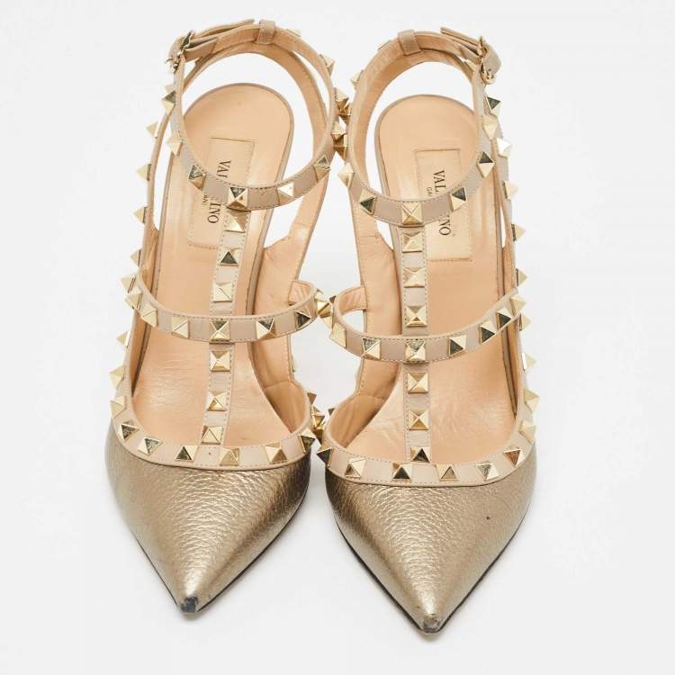 Pre Owned Valentino Metallic Bronze Leather Rockstud Ankle Strap Pumps Size 38.5
