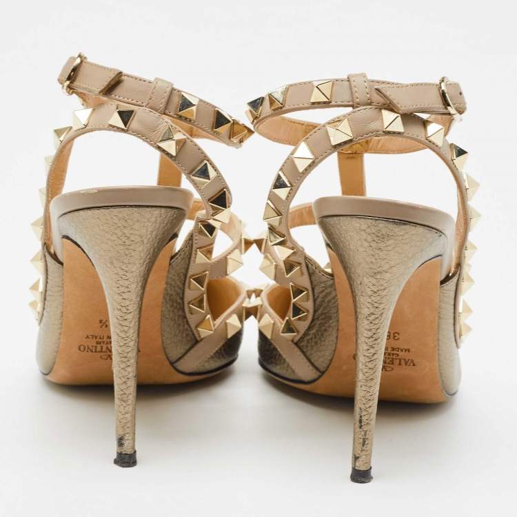 Pre Owned Valentino Metallic Bronze Leather Rockstud Ankle Strap Pumps Size 38.5