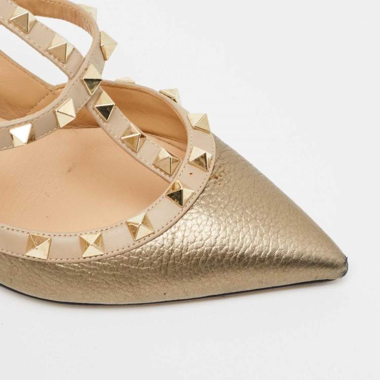 Pre Owned Valentino Metallic Bronze Leather Rockstud Ankle Strap Pumps Size 38.5