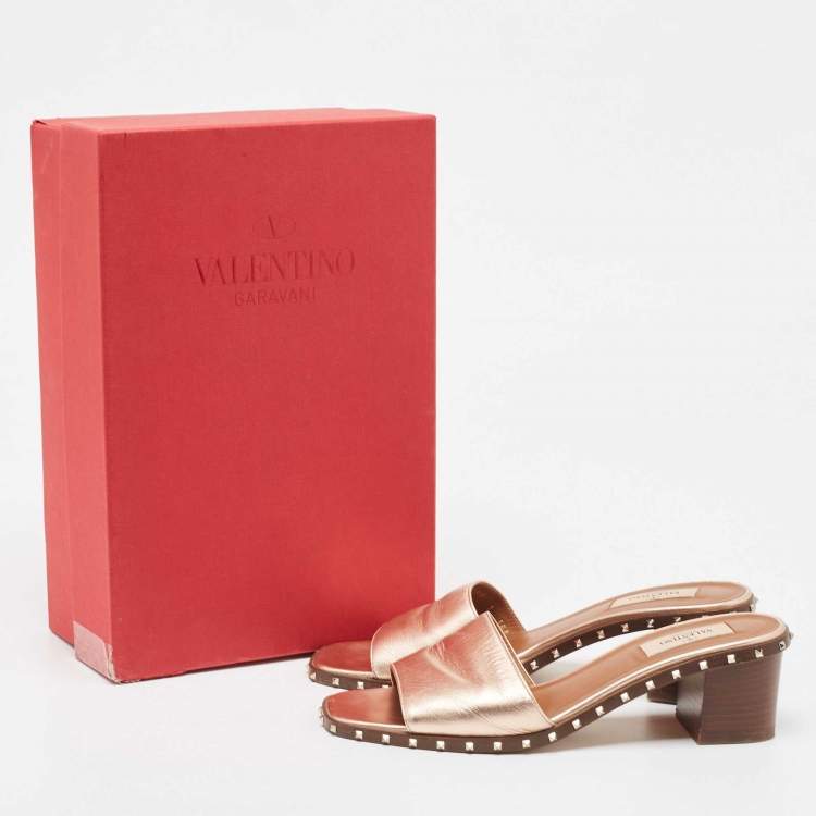 Pre Owned Valentino Metallic Leather Rockstud Open Toe Block Heel Slide Sandals Size 38.5